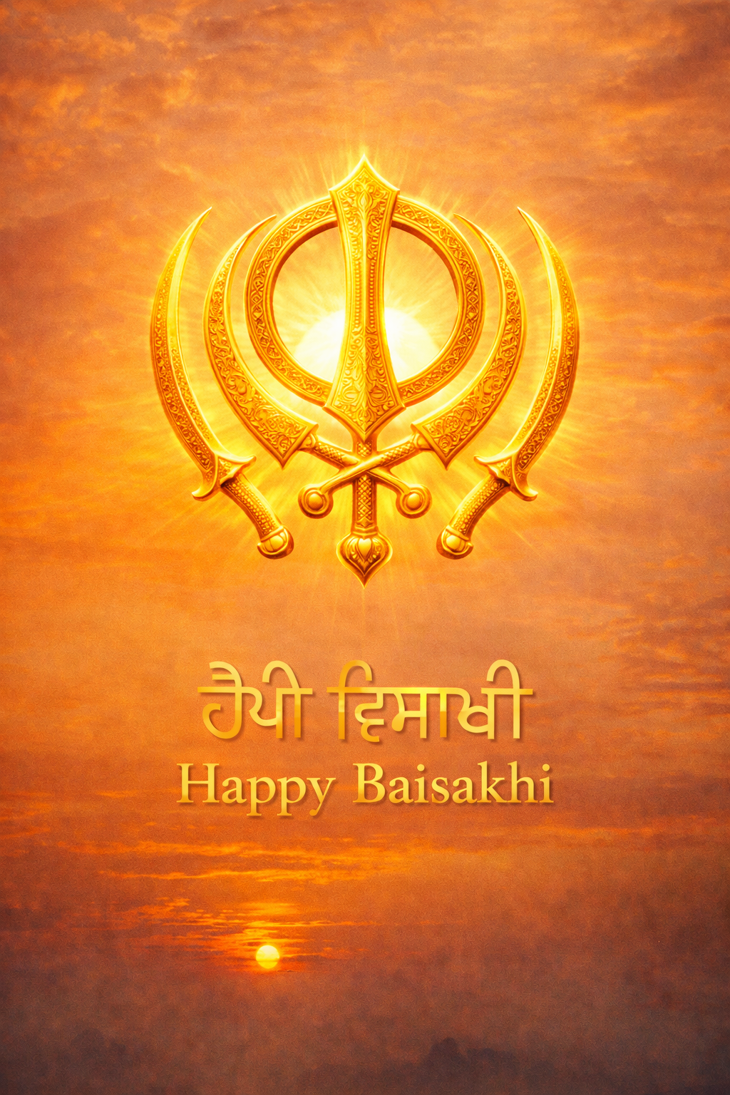 Happy Baisakhi — Golden Khanda at Sunrise with Gurmukhi Text